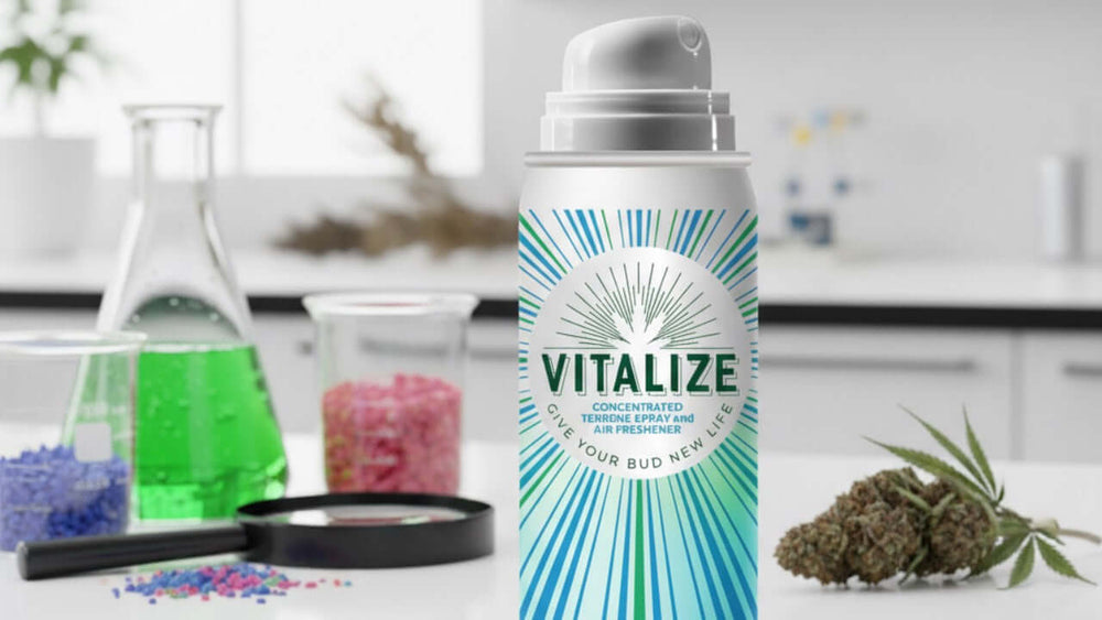 Vitalize terp spray designed to revive stale buds and enhance freshness in a laboratory setting.