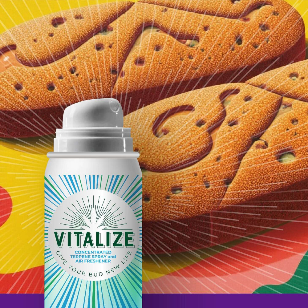 Terp spray by Vitalize next to Biscotti cookies, promoting aroma and flavor restoration for dry herb.
