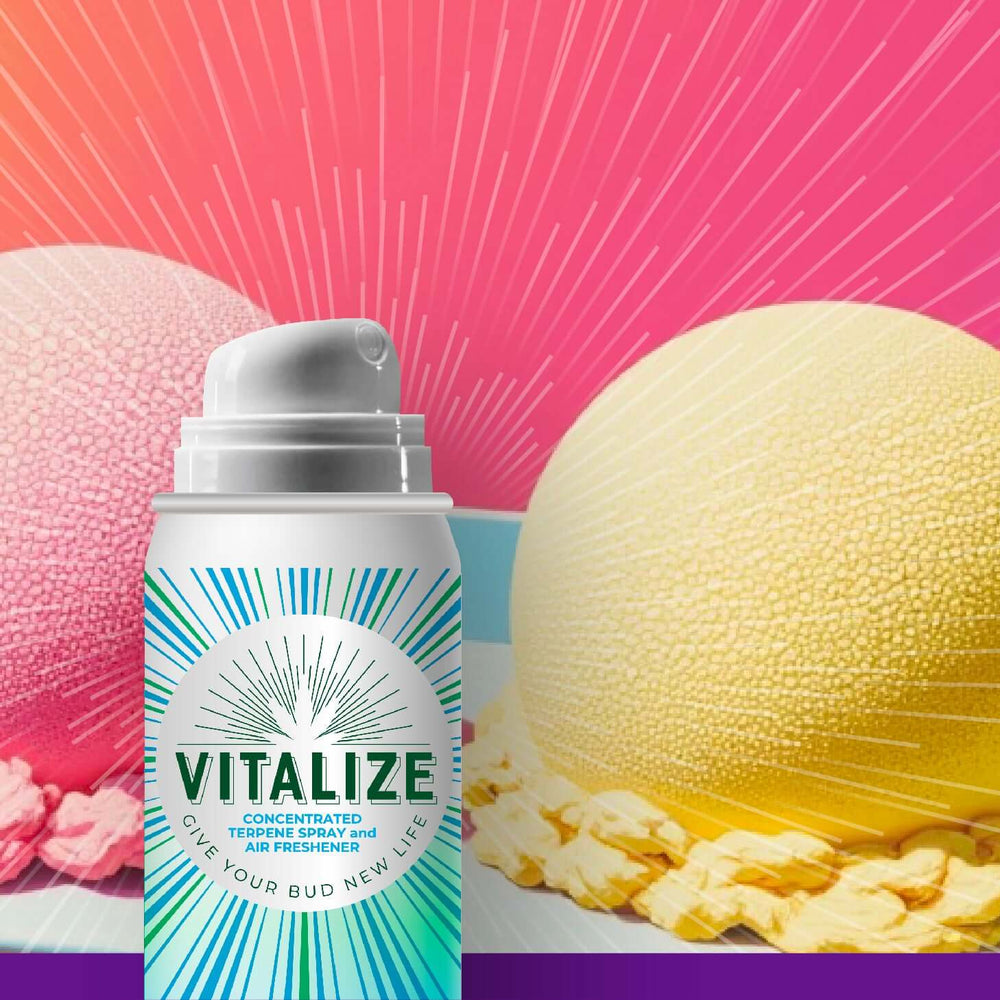 Vitalize terp spray bottle in front of colorful ice cream scoops, enhancing cannabis aroma and flavor.