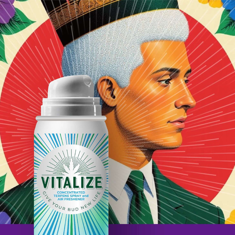 Terpene Spray Hawaiian Herer by Vitalize enhances aroma and flavor for dry herbs, featuring tropical notes and vibrant art.