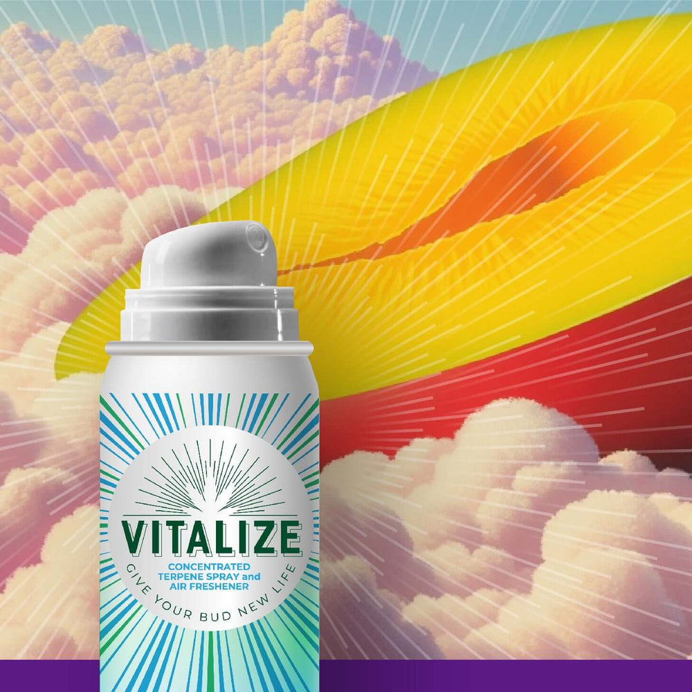 Terpene spray Vitalize can for restoring aroma and flavor, featuring colorful clouds in the background.