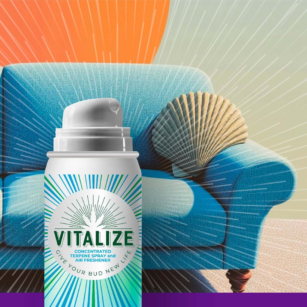 Vitalize terpene spray on a vibrant couch, designed to restore aroma and flavor to dry herb.