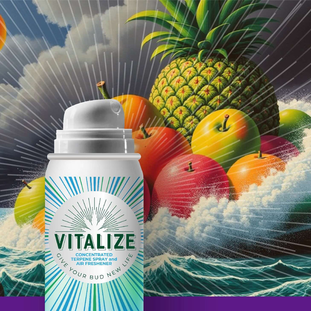 Tropical Thunderstorm Terp Spray by Vitalize with vibrant fruits and tropical background.