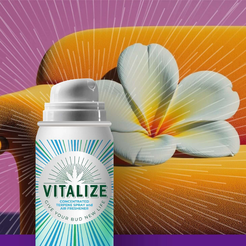 Vanilla Kush Vitalize Terpene Spray on vibrant background with flower, perfect for restoring aroma and flavor.